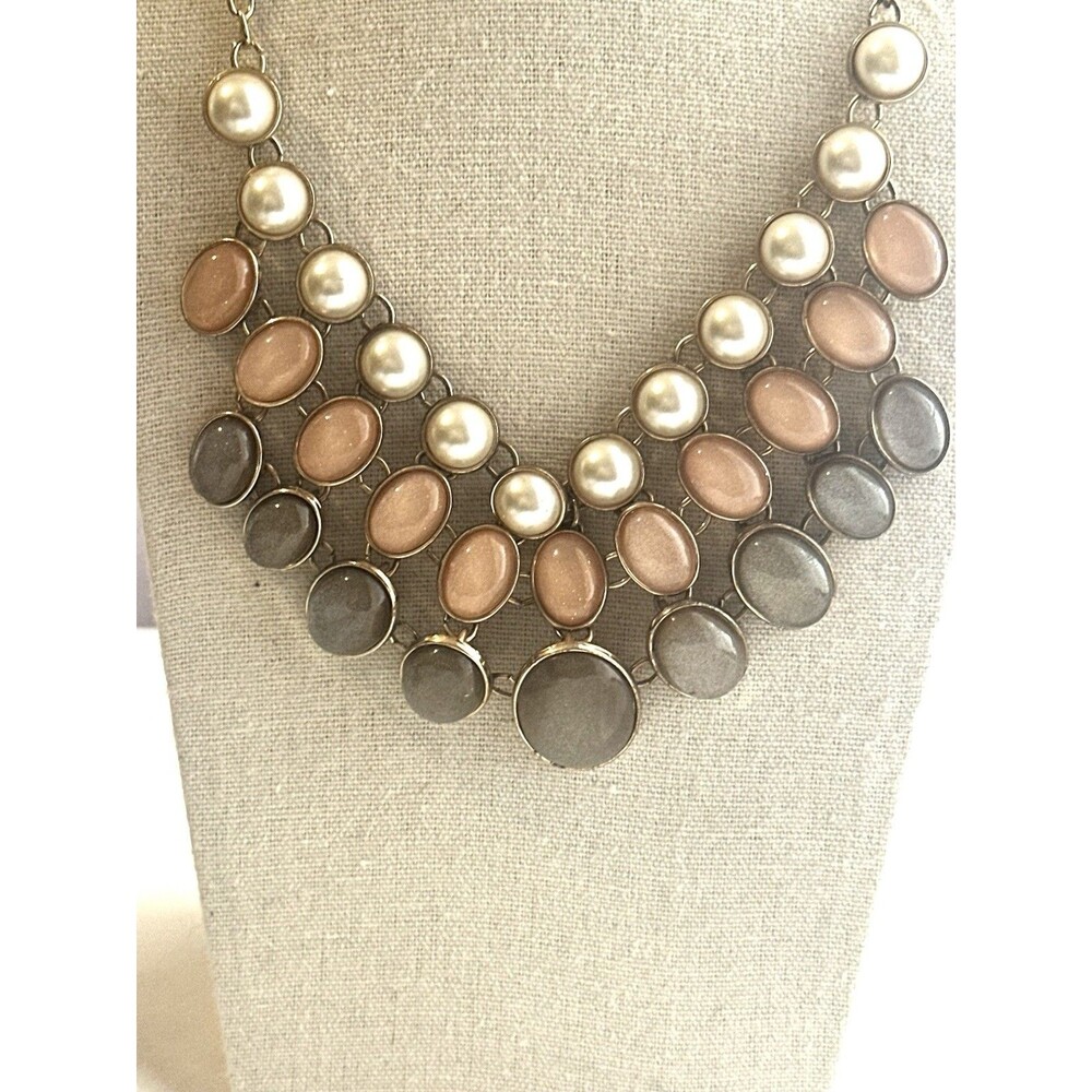NY Statement Bib Necklace Pink Gray Faux Pearl Silver Tone 18”